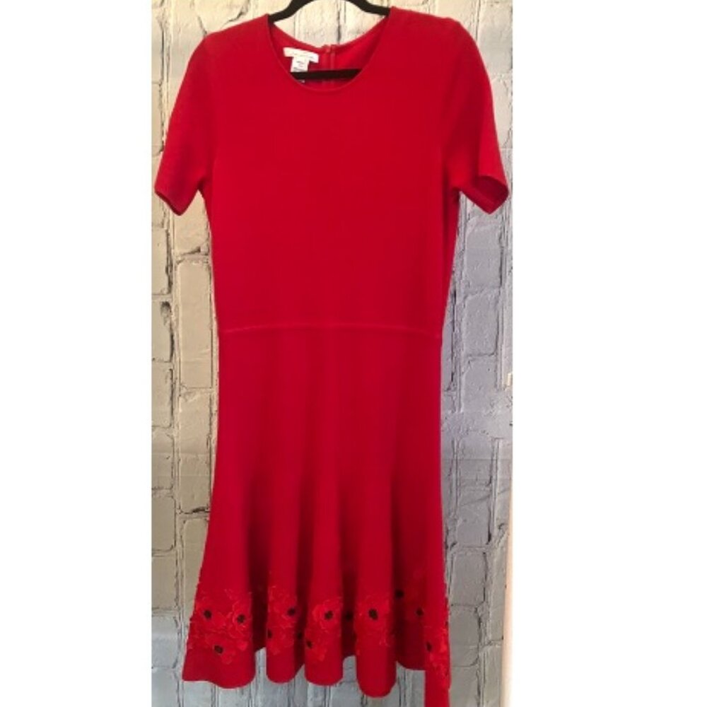 Oscar de la Renta Embroidered Red Poppy Fit & Flare Jacquard Dress